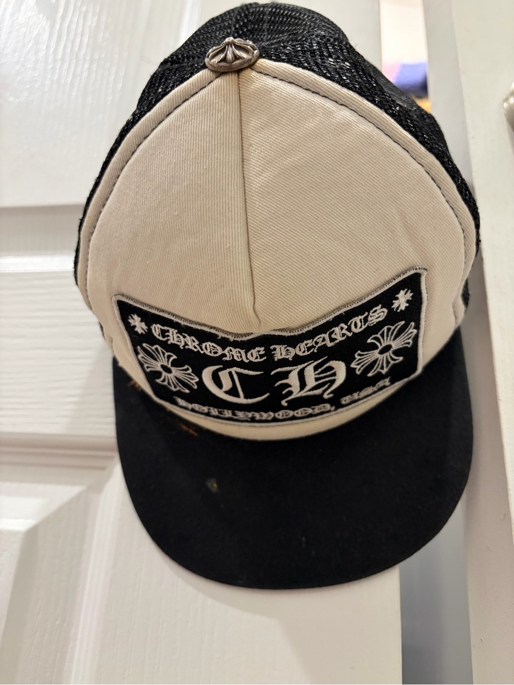Chrome Hearts Black and White Logo Trucker Cap